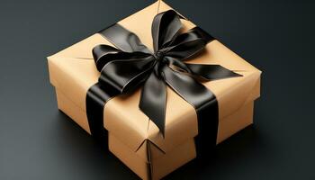 Shiny gift box wrapped in gold, symbolizing love and celebration generated by AI photo