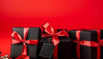 Celebration of love gift box wrapped in shiny red paper generated by AI photo