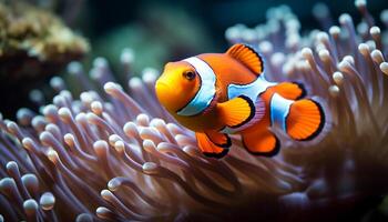 AI generated Vibrant clown fish swim below the colorful coral reef generated by AI photo