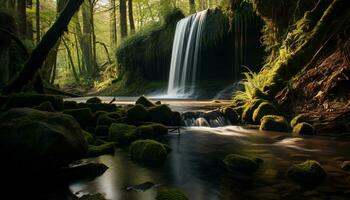 AI generated Majestic waterfall flowing through tropical rainforest, a breathtaking adventure generated by AI photo