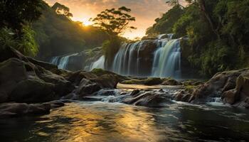 AI generated Majestic waterfall flowing through tropical rainforest, a breathtaking adventure generated by AI photo