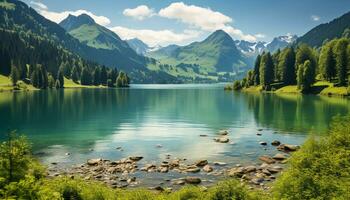 ai generado majestuoso montaña rango refleja en tranquilo agua, exhibiendo natural belleza generado por ai foto