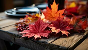 AI generated Autumn leaf on old wooden table, nature rustic decoration generated by AI photo