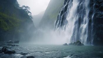 ai generado majestuoso montaña rango, fluido agua, tranquilo escena, naturaleza belleza generado por ai foto