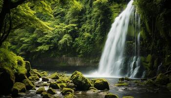 ai generado majestuoso montaña rango, fluido agua, tranquilo escena, naturaleza belleza generado por ai foto