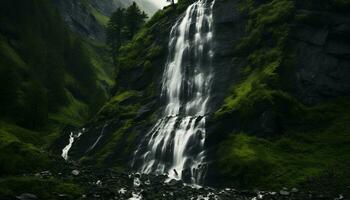 ai generado majestuoso montaña rango, fluido agua, tranquilo escena, naturaleza belleza generado por ai foto