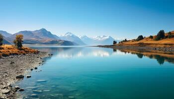 AI generated Majestic mountain range reflects in tranquil water, showcasing natural beauty generated by AI photo