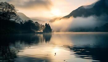 ai generado majestuoso montaña rango refleja en tranquilo agua, exhibiendo natural belleza generado por ai foto