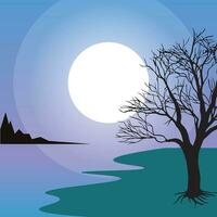 A River Sunrise Landscape Illustration with A Beautiful Tree vector