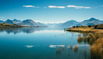 AI generated Majestic mountain range reflects in tranquil water, showcasing natural beauty generated by AI photo