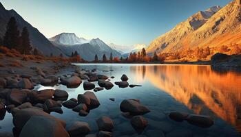 AI generated Majestic mountain peak reflects in tranquil water, nature beauty generated by AI photo