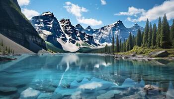 AI generated Majestic mountain range reflects in tranquil water, showcasing natural beauty generated by AI photo