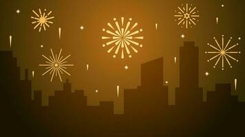 New year cityscape vector illustration. Scenery of city with sparkling fireworks in new year event. City panorama for illustration, background or wallpaper. City silhouette in the firework festival