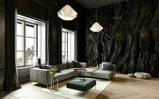 modern dark living interior with rock feature. photo