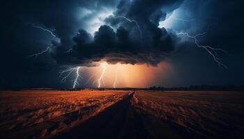 ai generado dramático cielo, oscuro noche, tormenta, majestuoso montañas, mojado césped generado por ai foto