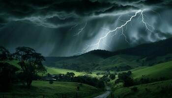 AI generated Dramatic sky, dark night, thunderstorm, majestic mountains, wet grass generated by AI photo