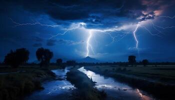 ai generado dramático cielo, oscuro noche, tormenta, majestuoso montañas, mojado césped generado por ai foto