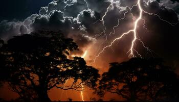 AI generated Dramatic sky, dark night, thunderstorm, majestic mountains, wet grass generated by AI photo