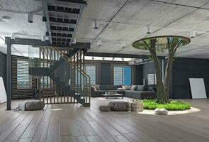 Modern loft interior with the tree inside. photo