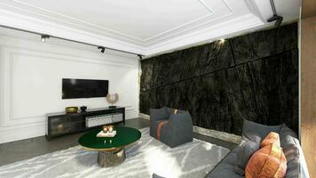 modern dark living interior with rock feature. photo