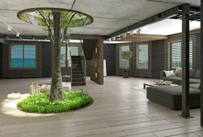 Modern loft interior with the tree inside. photo