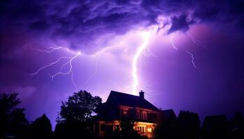 AI generated Bright blue sky, dark silhouette tree, vibrant lightning bolt generated by AI photo