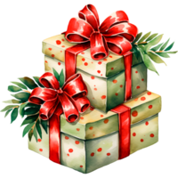 ai generado Navidad acuarela ilustración de un montaña de regalos en brillante cajas png