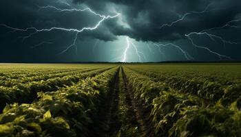 ai generado dramático cielo, oscuro noche, tormenta, majestuoso montañas, mojado césped generado por ai foto