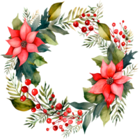 AI generated Christmas watercolor illustration of a Christmas wreath made of fir branches with berries and flowers png