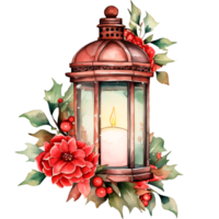 AI generated Christmas watercolor illustration of a candle in a lantern png