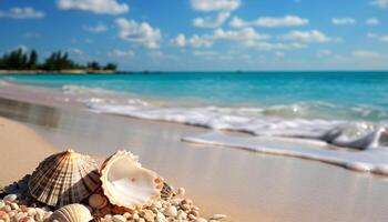ai generado tropical línea costera, azul agua, palma arboles verano vacaciones paraíso generado por ai foto