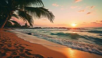 AI generated Tropical coastline, blue water, palm trees summer vacation paradise generated by AI photo