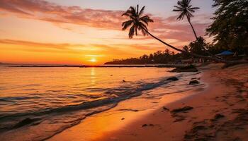 ai generado puesta de sol terminado el tranquilo línea costera, olas estrellarse en arenoso costas generado por ai foto