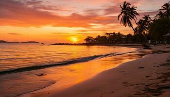 ai generado puesta de sol terminado el tranquilo línea costera, olas estrellarse en arenoso costas generado por ai foto