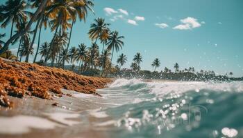 ai generado idílico tropical línea costera, claro turquesa agua, brillante verano puesta de sol generado por ai foto