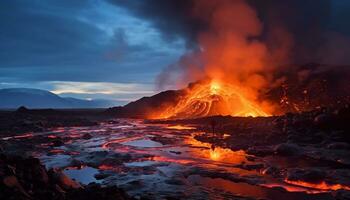 ai generado brillante hoguera entra en erupción, derritiendo acero en naturaleza ardiente infierno generado por ai foto