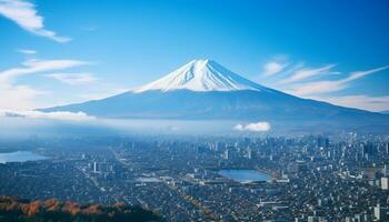 AI generated Majestic mountain peak, snowcapped and tranquil, in Japanese autumn generated by AI photo