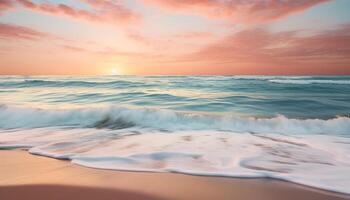 AI generated Sunset over the tranquil coastline, waves crashing on sandy shores generated by AI photo