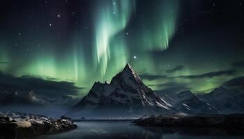 ai generado majestuoso montaña rango iluminado por estrellado noche, tranquilo escena generado por ai foto