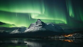 ai generado majestuoso montaña rango iluminado por estrellado noche, tranquilo escena generado por ai foto