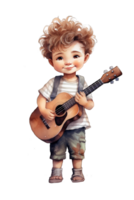 AI generated Cartoon boy playing guitar, Cute little boy playing music, transparent background png