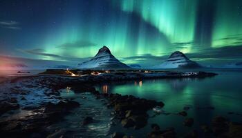 ai generado majestuoso montaña pico refleja estrellado noche en tranquilo ártico paisaje generado por ai foto