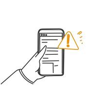 mano dibujado garabatear sitio web pruebas, advertencia error en dispositivo vector