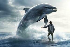 AI generated A man looks at a huge dolphin jumping out of the water on the ocean shore. Friendship between man and dolphin. Amazing scene photo