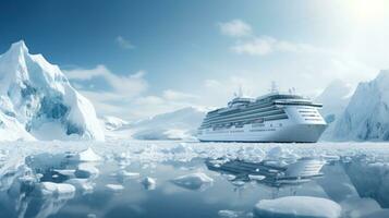 AI generated Cruise Ship Sailing in Icy Waters with Snowy Mountains, glaciers and Icebergs. Arctic Voyage. Polar Expedition. Tourism and travel concept. Ideal for background, card, banner, poster photo