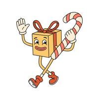 Groovy Christmas gift box character with candy cane. Retro groovy cartoon character in doodle style. Vector illustration isolated on white.