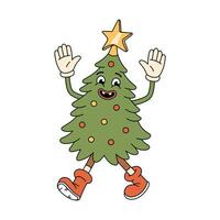 Groovy Christmas tree character. Retro groovy cartoon character in doodle style. Vector illustration isolated on white.