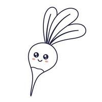 linda kawaii rábano dibujos animados niños ilustración. comida vegetal contorno línea Arte ilustración. rábano personaje, mascota en garabatear estilo. niños colorante libro. vector