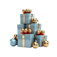 AI generated Christmas stack blue gift box with gold ornaments isolated png