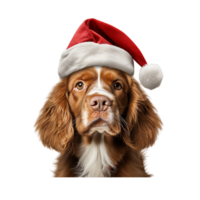 AI generated spaniel dog wearing santa red hat isolated png